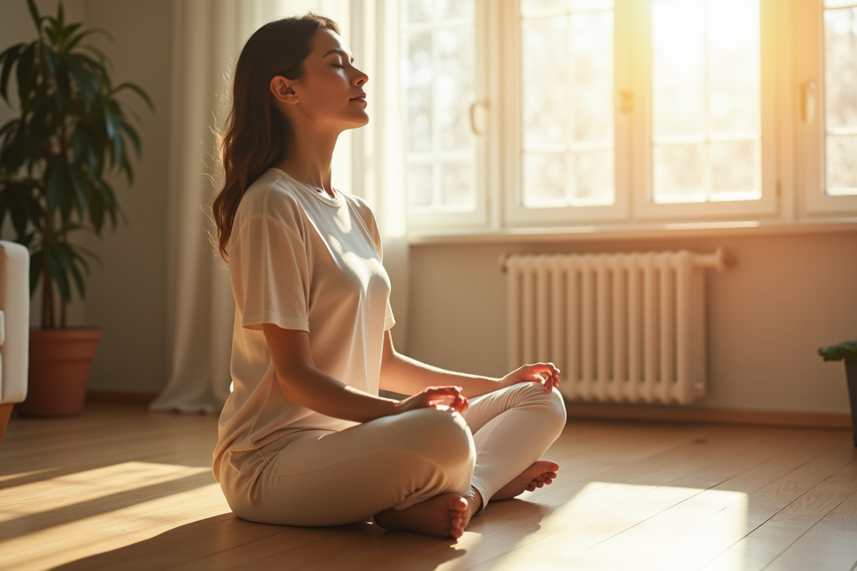 Jeune femme méditant assise en intérieur ensoleille