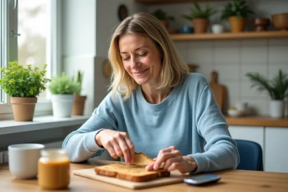 Femme d'&acirc;ge moyen mangeant du pain complet avec beurre de cacahuete