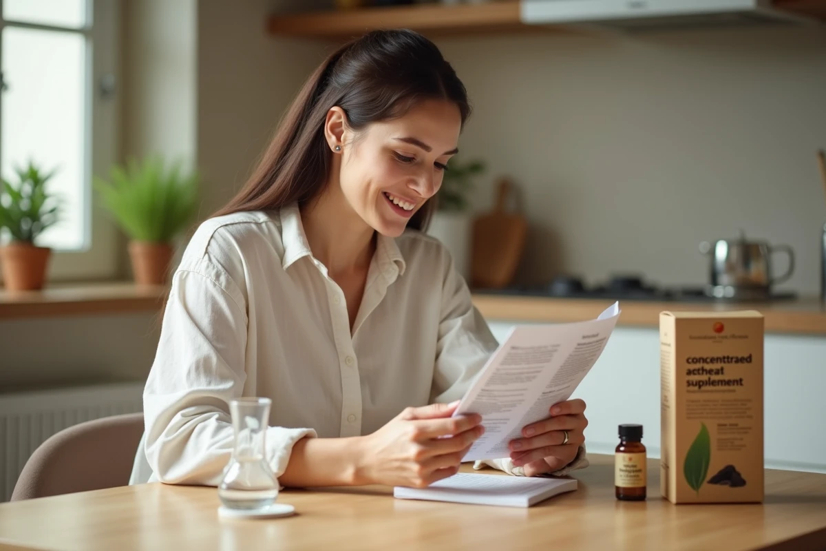Femme lisant la notice d'un complément phytothérapeutique à base d'argile concentrée à la maison