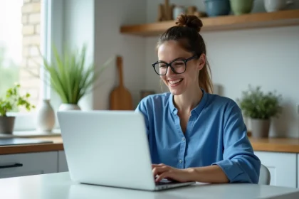 Femme utilisant son ordinateur pour g&eacute;rer son compte KelDoc &agrave; la maison