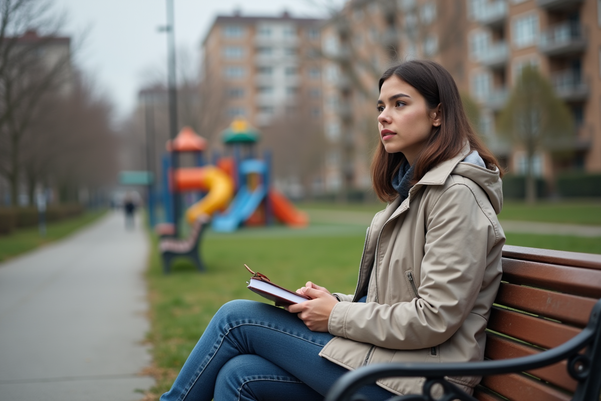 Jeune femme assise sur un banc de parc en ville
