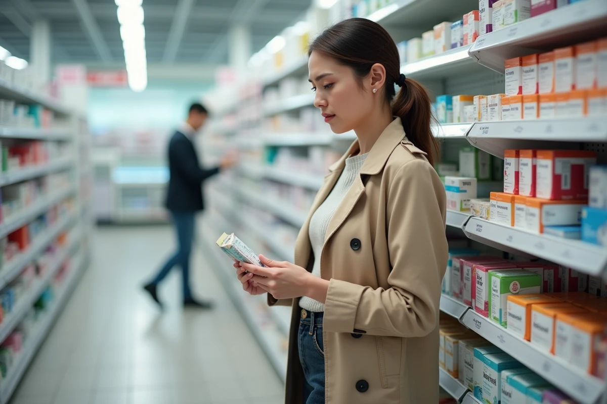 Femme en pharmacie lisant une notice de compléments hormonaux dans le cadre de la prise en charge des kystes aux ovaires