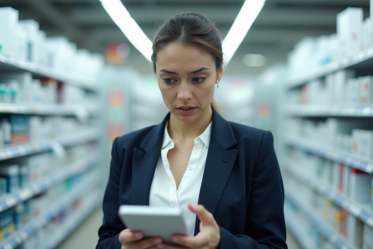 Femme en pharmacie examinant un produit lié à la réduction du CDT, expression sceptique et analytique