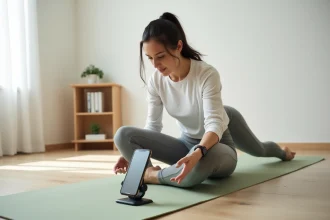 Femme pratiquant le Pilates à domicile sur tapis vert sauge avec application BetterMe sur smartphone