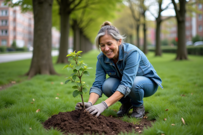 Femme plantant un jeune arbre dans un parc urbain