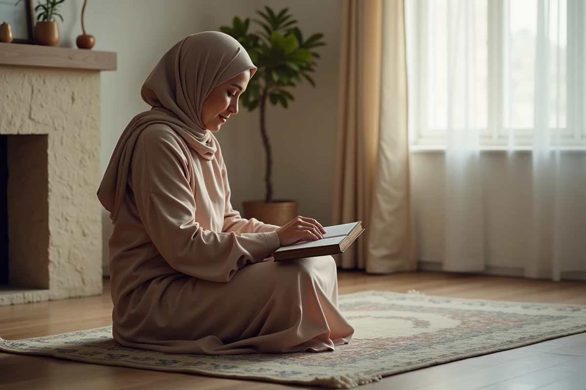Femme m&eacute;ditant sur un tapis de pri&egrave;re dans un int&eacute;rieur paisible