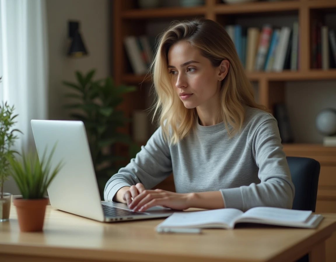 Femme recherchant des informations médicales sur un ordinateur portable à la maison, symbolisant la recherche d'informations sur les symptômes intimes et les soins de santé féminins