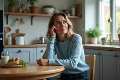 Femme en réflexion dans une cuisine moderne et chaleureuse