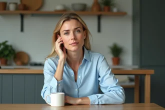 Femme pensive en cuisine avec blouse bleue claire