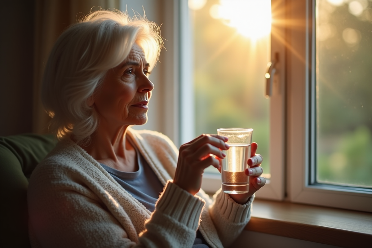 Femme réfléchie tenant un verre d'eau et une pilule antidépresseur