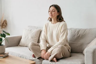 Femme sereine pratiquant la relaxation sur un canapé en lin dans un intérieur minimaliste pour réduire le stress