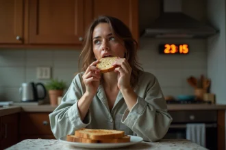 Femme en pyjama mangeant du pain la nuit dans la cuisine