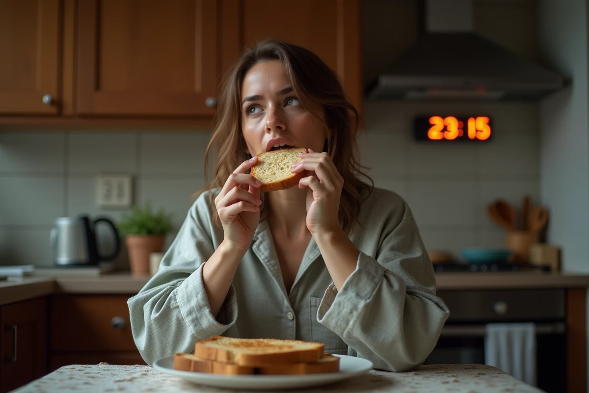 Femme en pyjama mangeant du pain la nuit dans la cuisine
