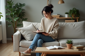 Femme détendue dans un salon cosy avec plantes et livres