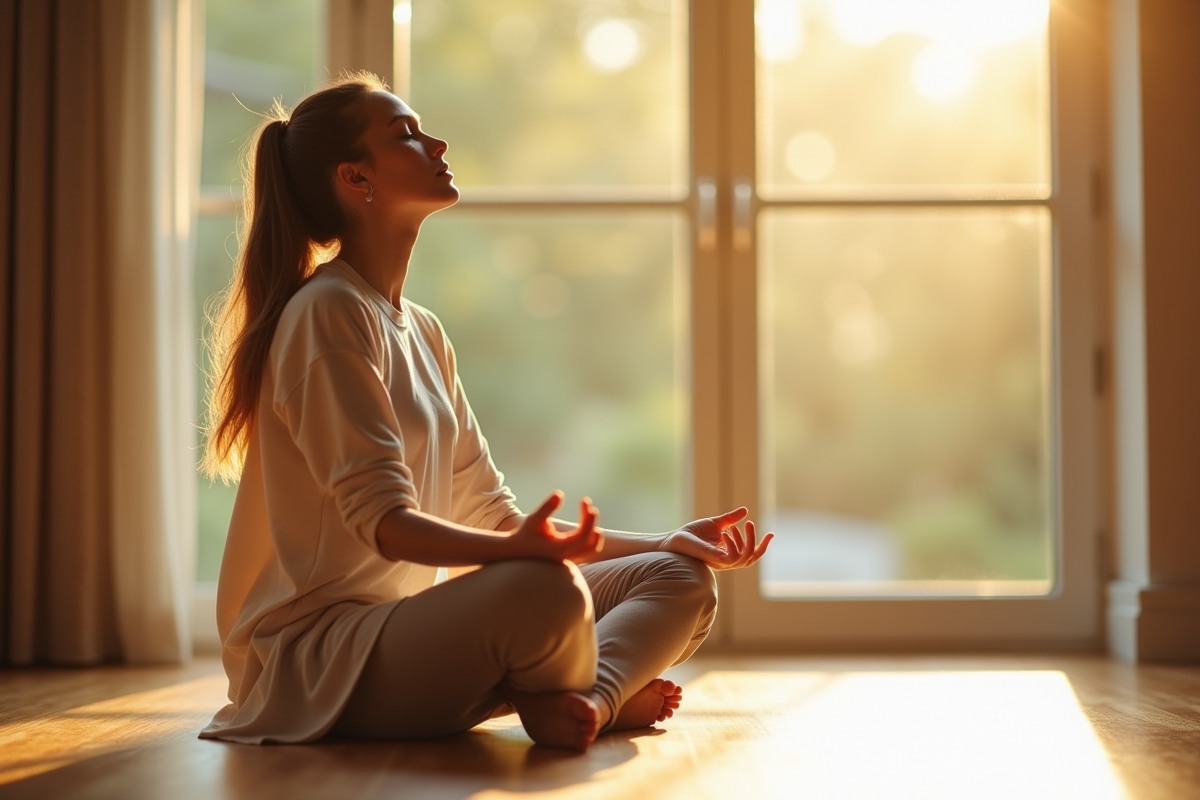 Femme assise en méditation près d'une grande fenêtre
