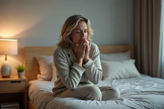 Femme d'âge moyen se couvrant la bouche lors d'une toux dans un chambre chaleureuse