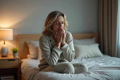 Femme d'&acirc;ge moyen se couvrant la bouche lors d'une toux dans un chambre chaleureuse