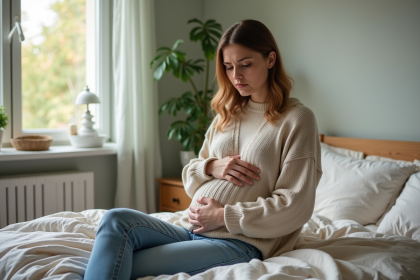 Femme enceinte assise dans une chambre chaleureuse