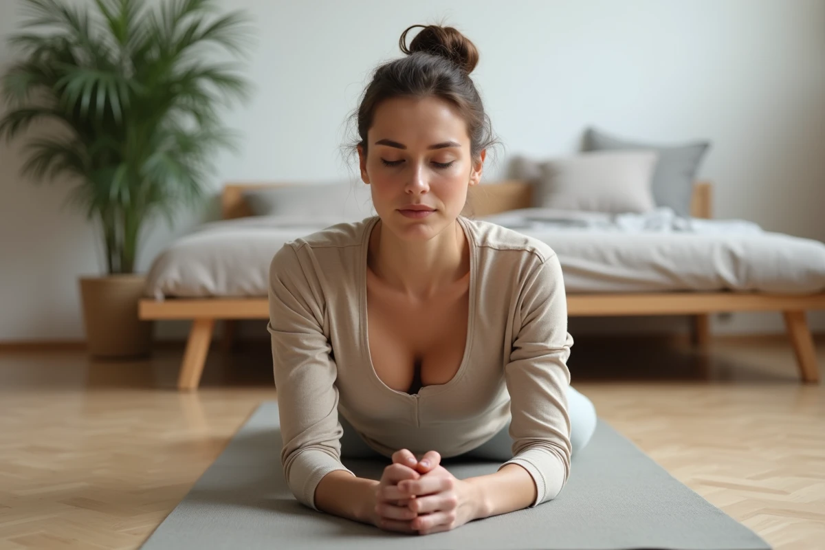 Jeune femme pratiquant la respiration profonde sur un tapis de yoga pour soulager l'anxiété généralisée et les sensations de tremblement dans le corps