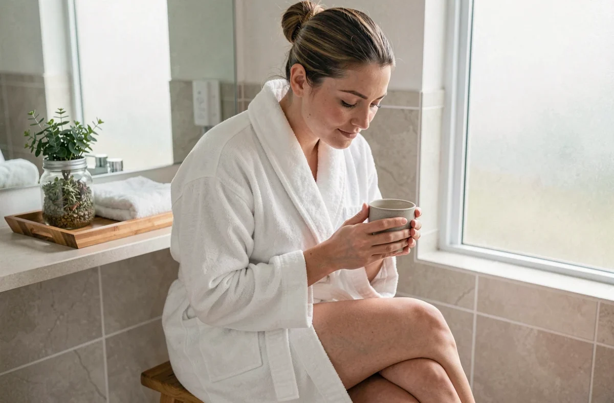 Femme en robe de bain savourant un thé détox lulutox dans une salle de bain bien-être