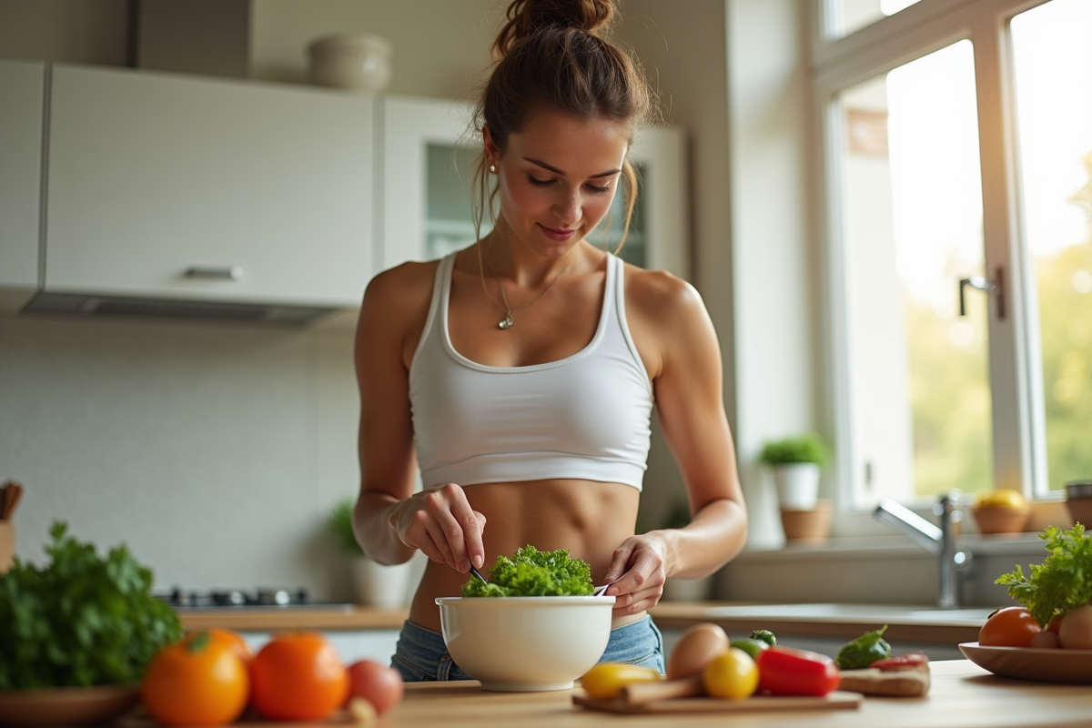 Femme préparant une salade saine dans une cuisine lumineuse