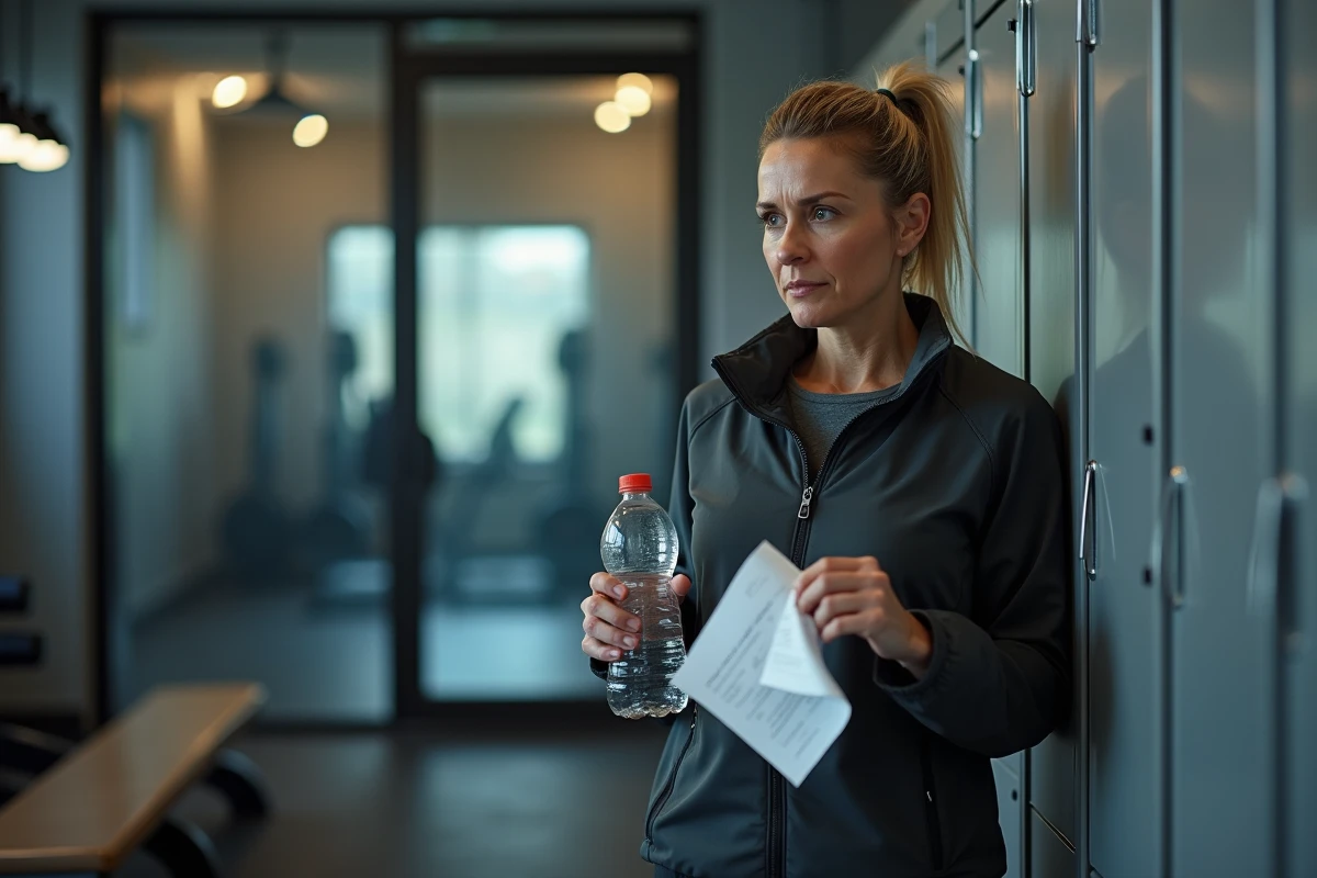 Femme épuisée dans un vestiaire de gym tenant un plan de régime froissé après une semaine d'efforts inefficaces