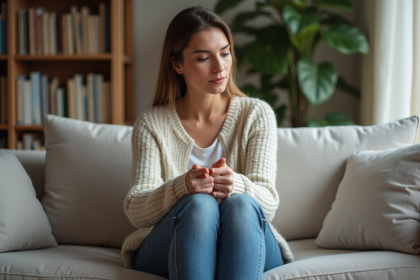Femme assise sur un canapé moderne dans un salon chaleureux