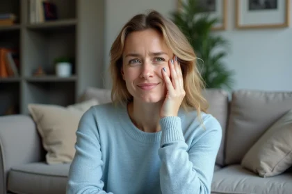 Femme pensant dans un salon moderne en sweater bleu