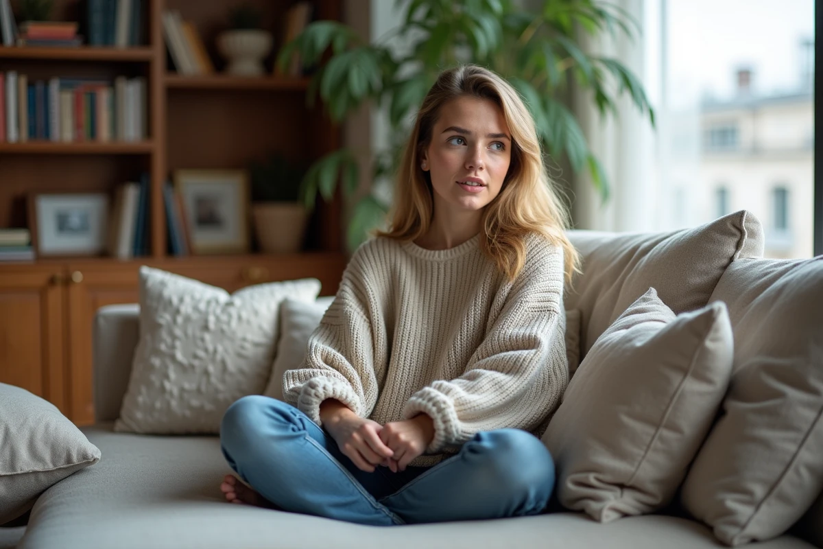 Jeune femme assise sur un canapé moderne dans un salon cosy
