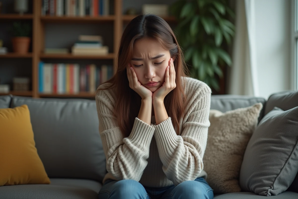 Jeune femme pensant dans son salon cosy