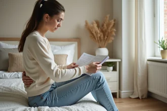 Femme assise sur le lit avec un livret santé