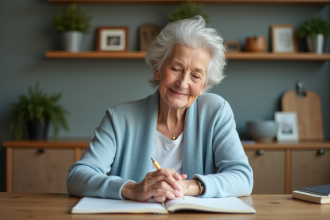 Femme senior souriante avec notes dans un cadre familial