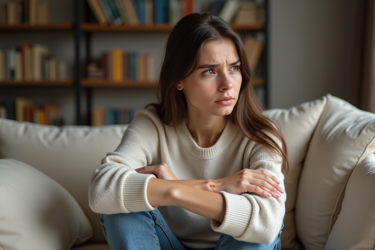 Jeune femme pensant avec eczema sur le bras