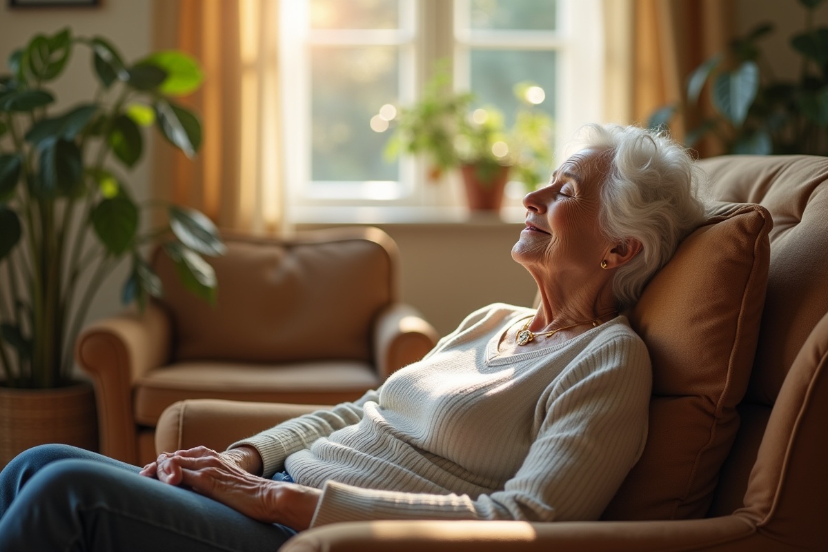 Femme de 80 ans assise dans un salon lumineux