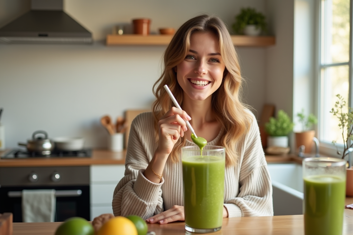 Jeune femme buvant un smoothie vert dans une cuisine lumineuse
