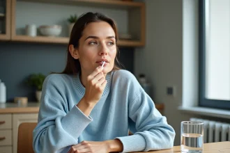 Femme appliquant un gel buccal dans une cuisine moderne