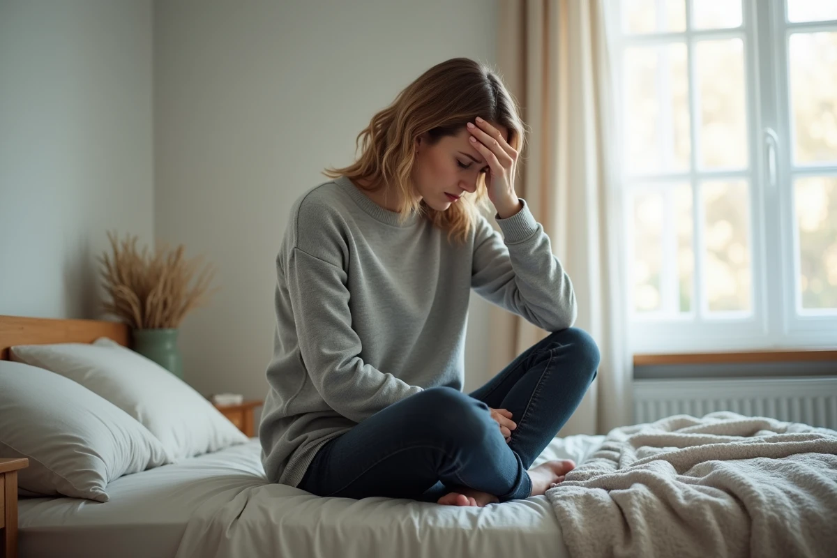 Femme en détresse assise sur un lit dans une chambre apaisante