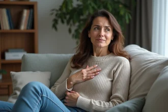 Femme assise sur un canapé en train de se faire mal au côté
