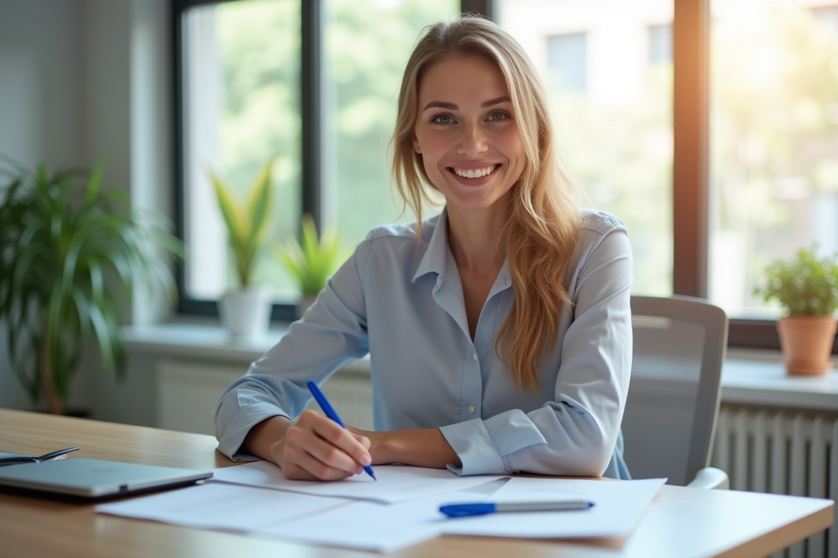 Femme souriante remplissant formulaires de sante au bureau