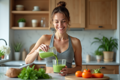 Femme souriante en tenue active verse un smoothie vert dans un verre dans une cuisine moderne