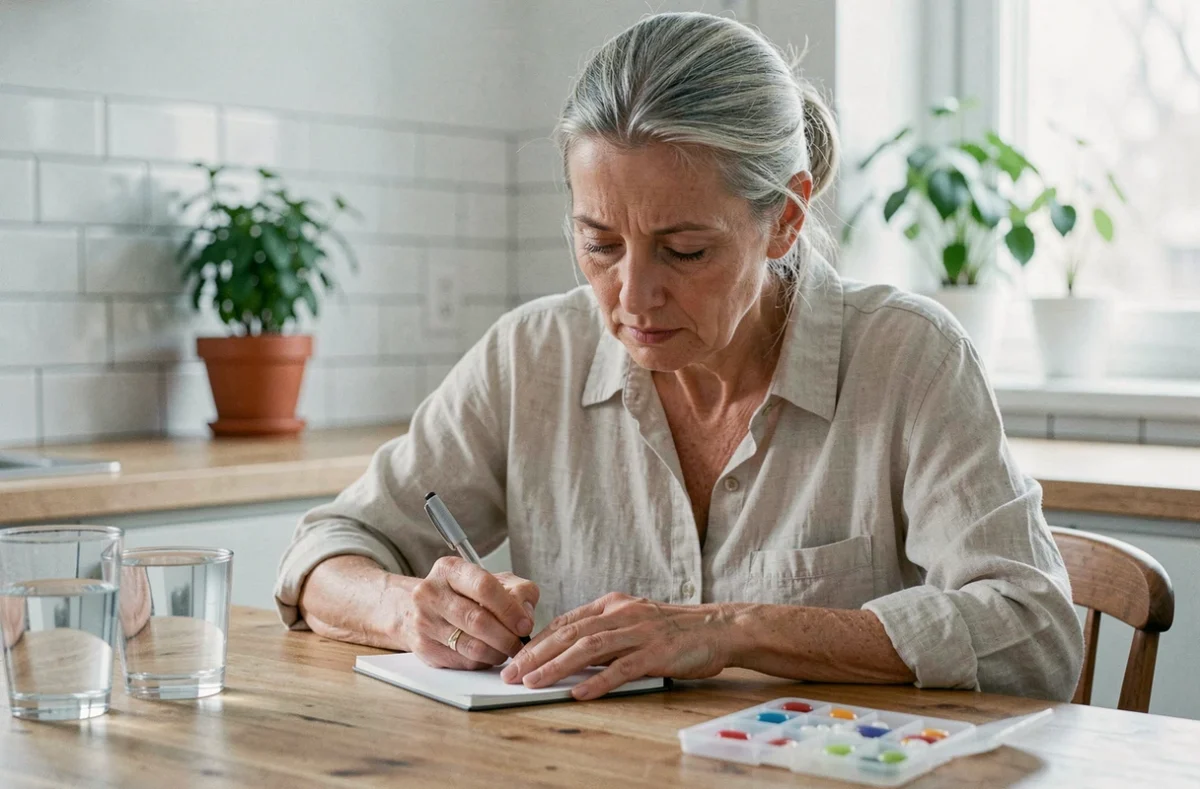 Femme notant son suivi de récupération après radiothérapie ORL dans un carnet à la table de cuisine avec un pilulier, illustrant la gestion quotidienne de la fatigue post-traitement