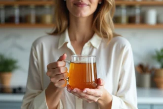 Femme tenant une tasse de thé détox Lulutox en infusion dorée dans une cuisine moderne