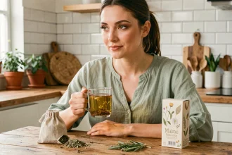 Femme tenant une tasse de thé détox lulutox dans une cuisine naturelle et apaisante