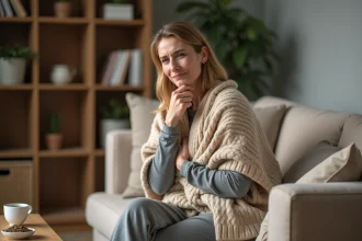 Femme en convalescence sur un canapé souffrant d'une quinte de toux après la grippe ou la Covid