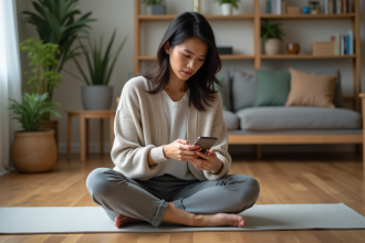 Femme méditant à la maison distraite par son téléphone