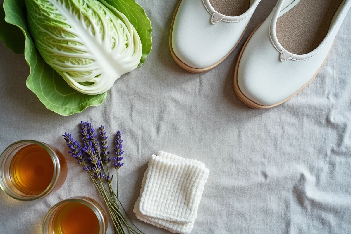 Flat lay associant chaussures orthopédiques et remèdes naturels de grand-mère pour soulager l'épine calcanéenne