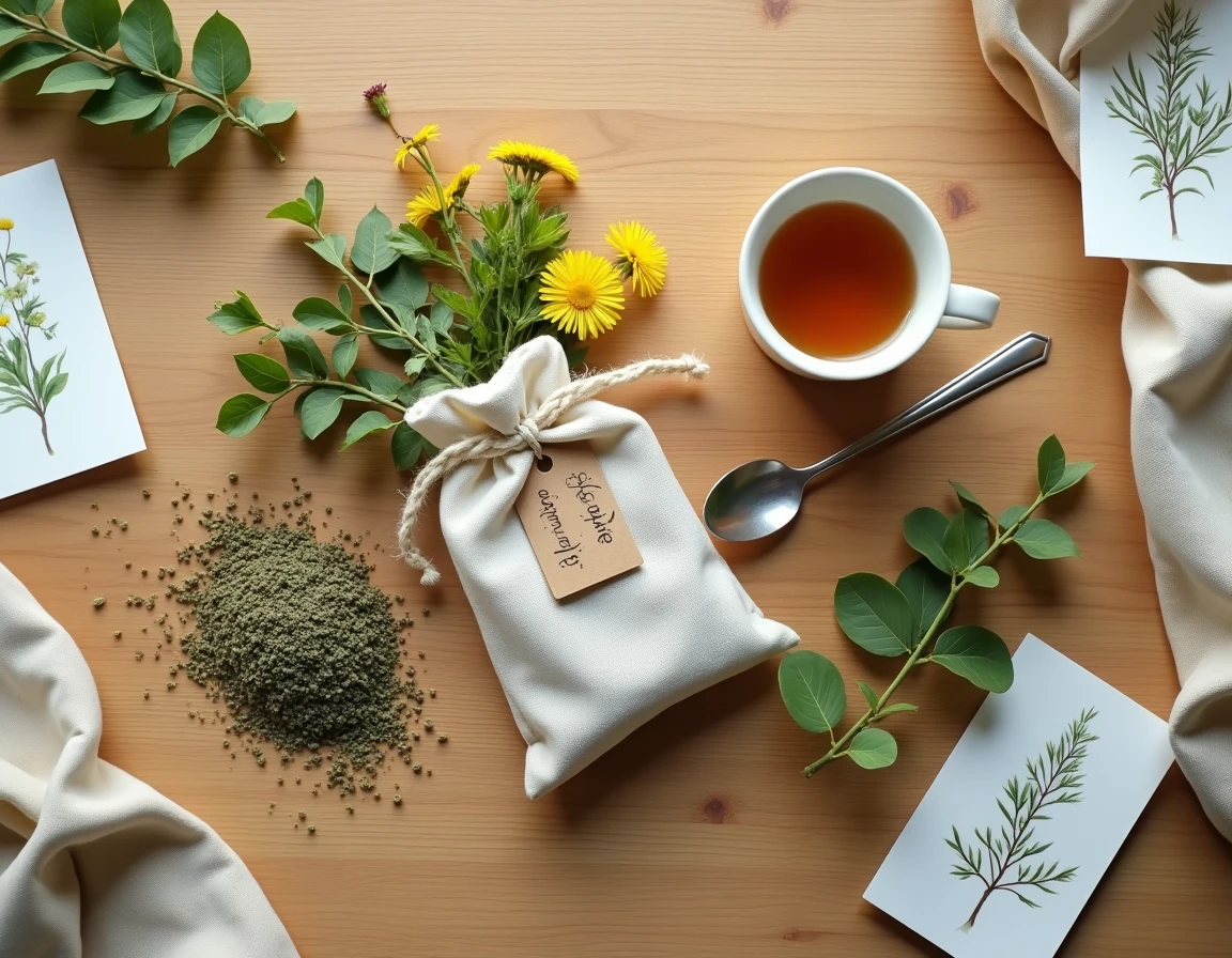 Composition flat lay d'herbes séchées et de thé détox Lulutox sur table en bois rustique