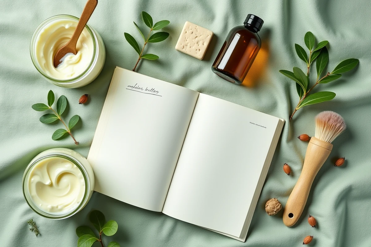 Flat lay de produits de beauté naturels et écologiques sur fond de lin vert pâle avec des ingrédients botaniques et un carnet de notes