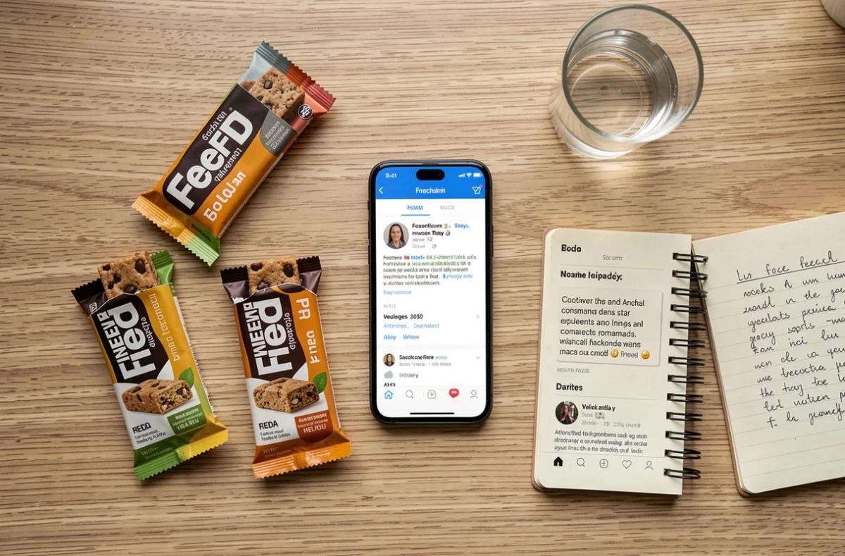 Flat-lay de plusieurs barres Feed substitut de repas avec avis utilisateurs sur smartphone et notes manuscrites