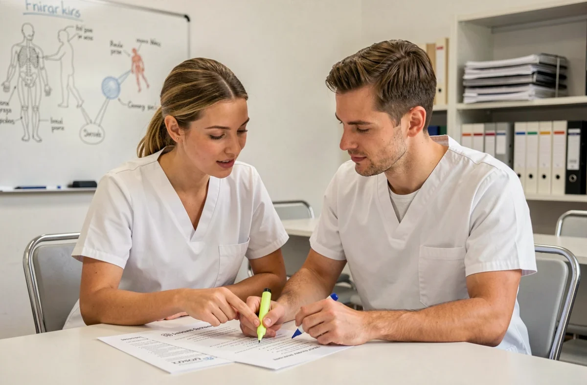 Deux aides soignants en formation révisant ensemble des fiches PDF de vocabulaire médical